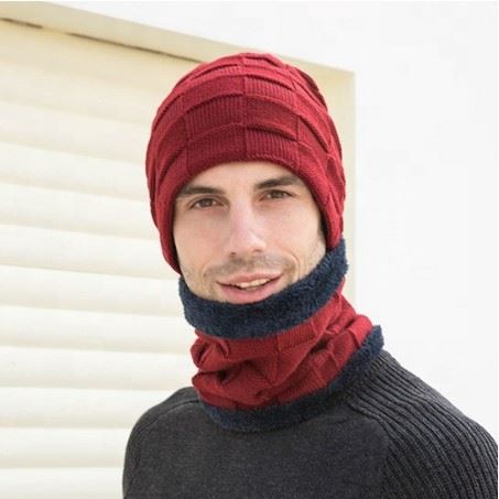 Blocks Design Men's Winter Knitted Hat Scarf Two Piece Set