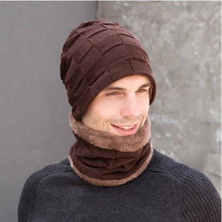 Blocks Design Men's Winter Knitted Hat Scarf Two Piece Set